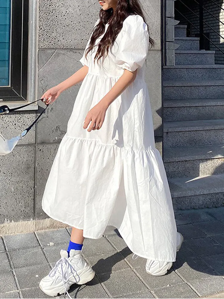 Casual Dress For Women Pure Color Pleated Women Maxi Dress