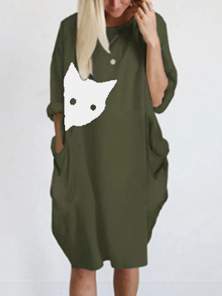 Cat Print Round Neck Long Sleeve Casual Double Pocket Women Midi Dress
