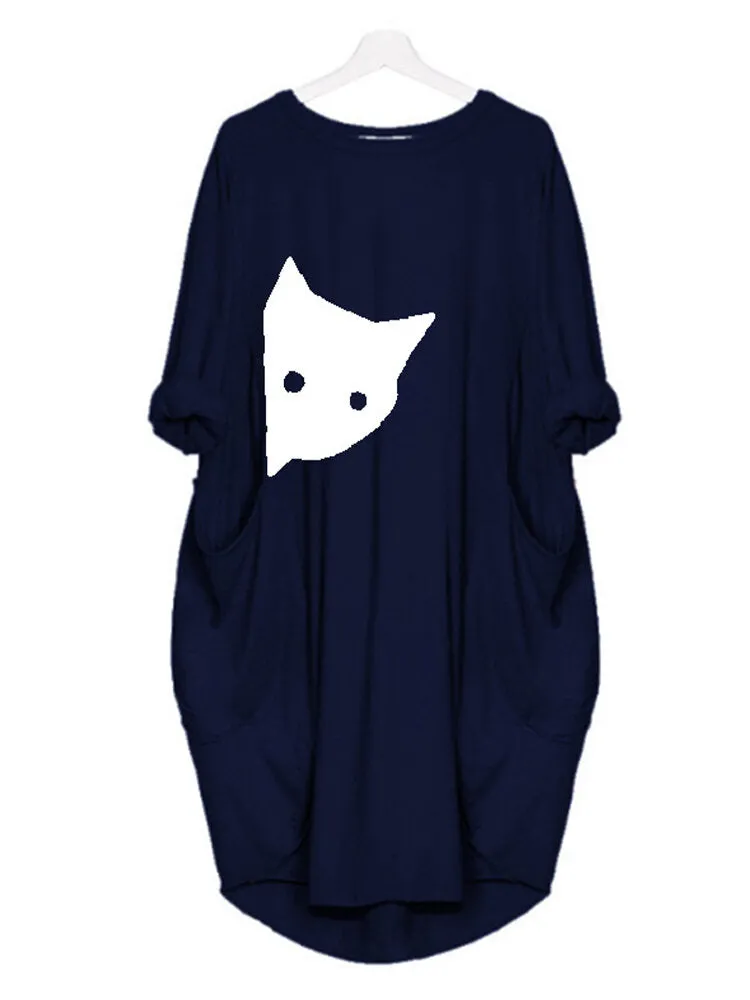 Cat Print Round Neck Long Sleeve Casual Double Pocket Women Midi Dress