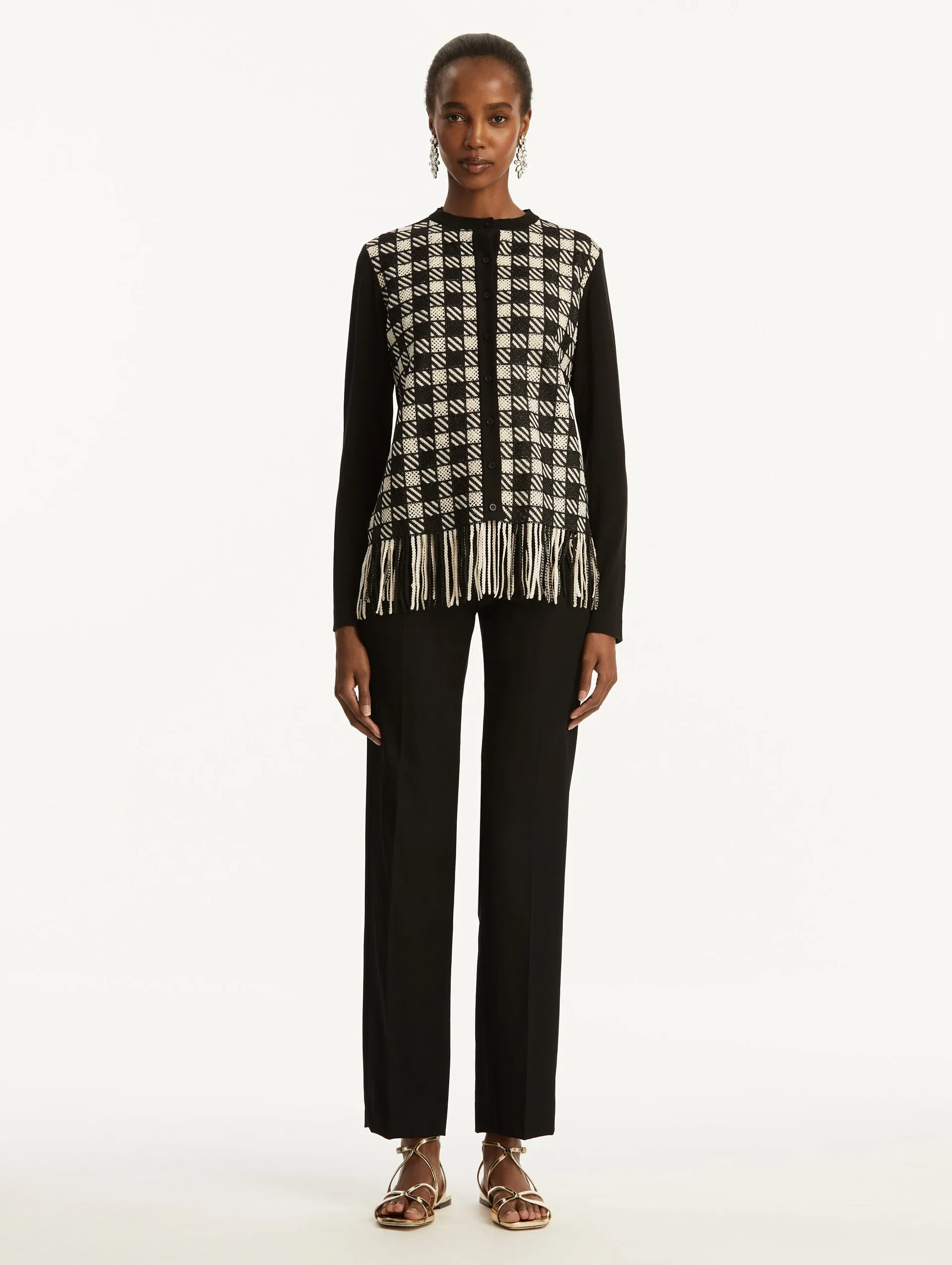 Checked Fringe Guipure Cardigan