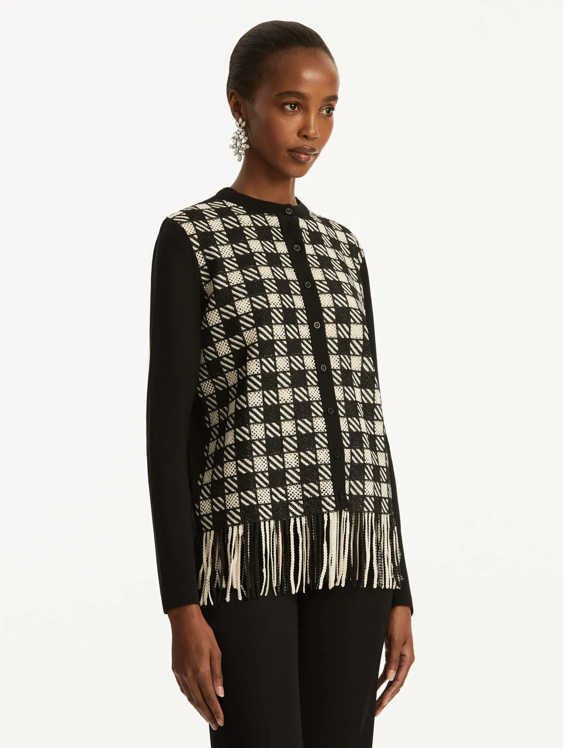 Checked Fringe Guipure Cardigan