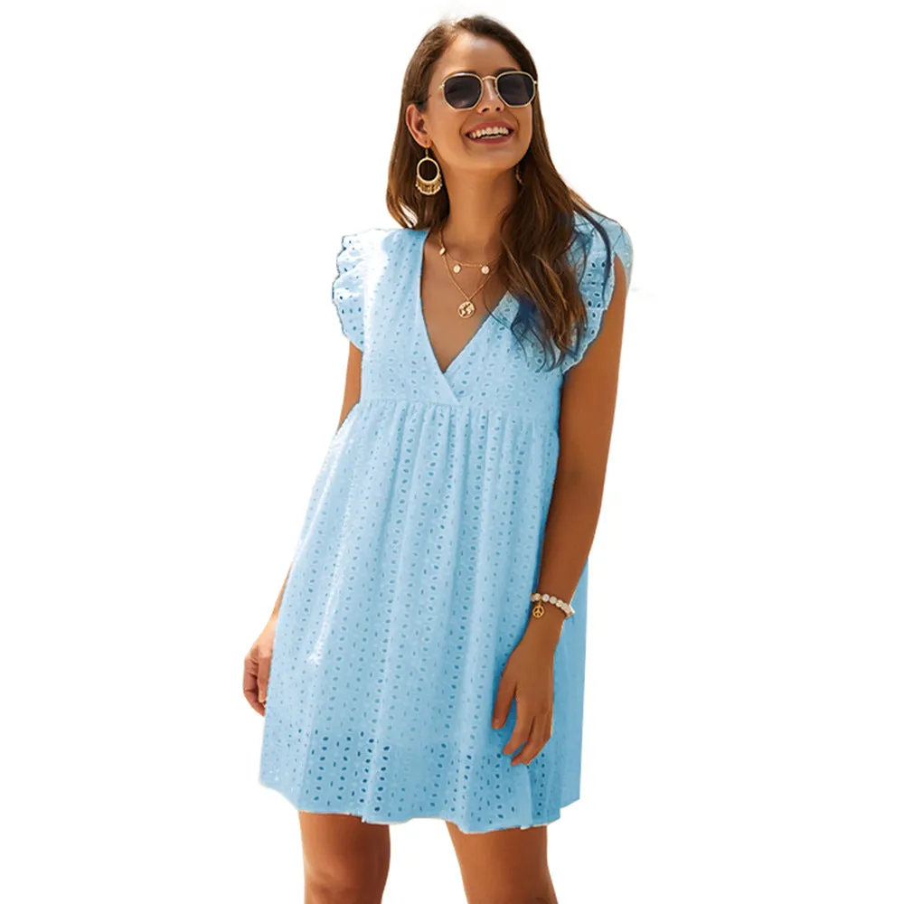 Cotton Short Sleeve A Line Bohemian Mini Flared Dresses White Lace Eyelet