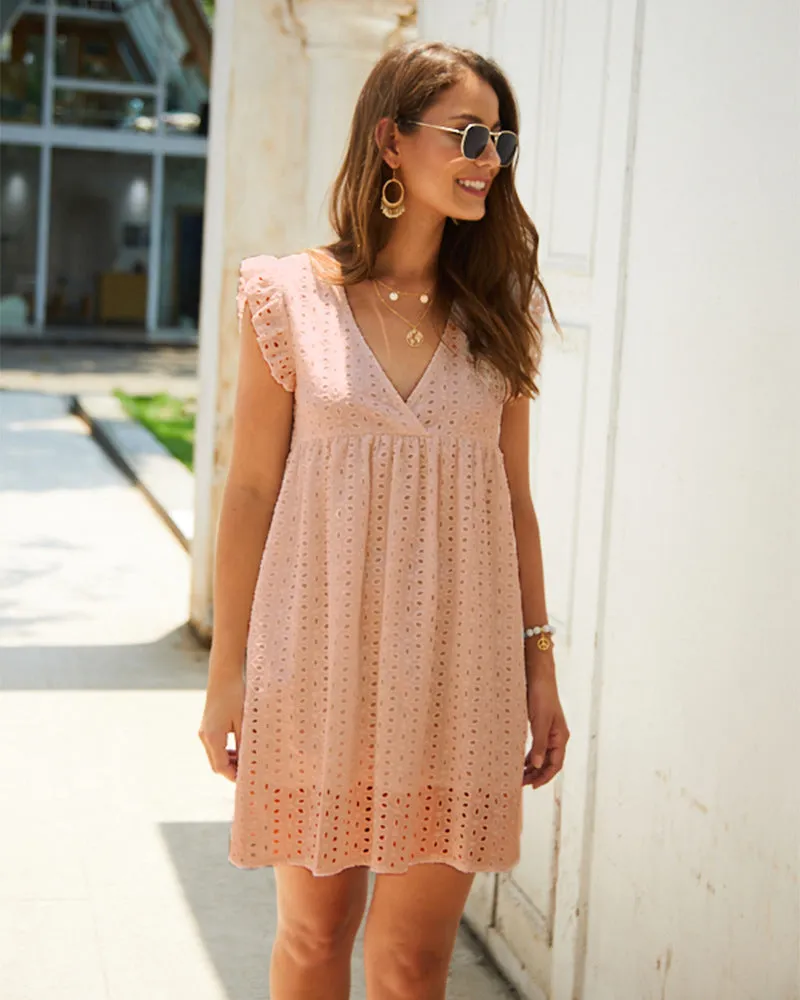 Cotton Short Sleeve A Line Bohemian Mini Flared Dresses White Lace Eyelet