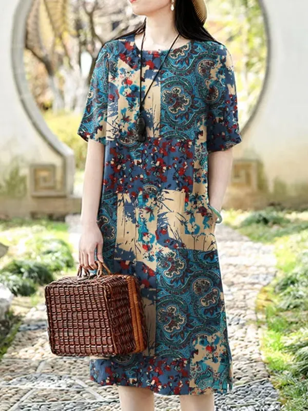 Cotton Women Pattern Printed Short Sleeve O-Neck Dresses