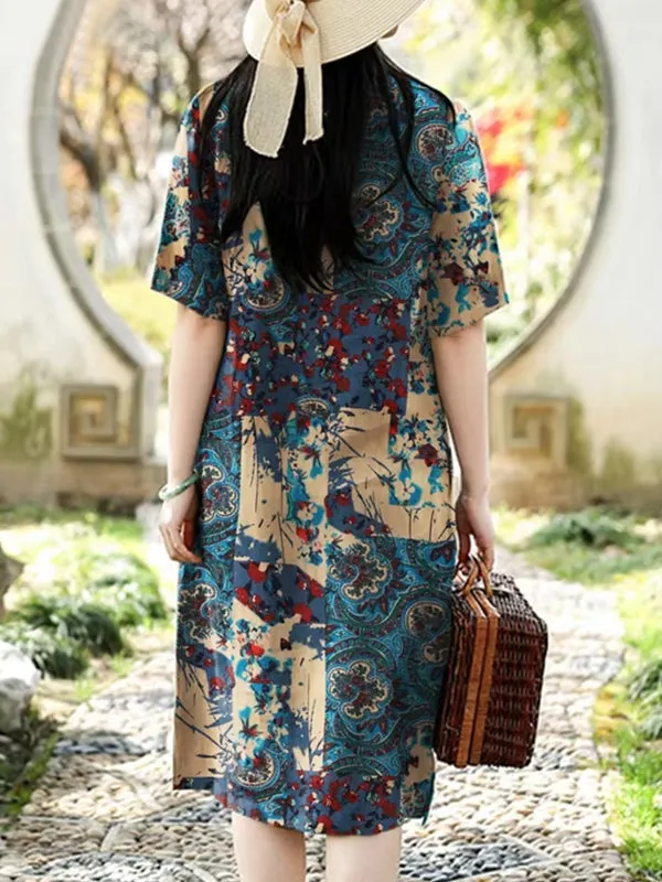 Cotton Women Pattern Printed Short Sleeve O-Neck Dresses