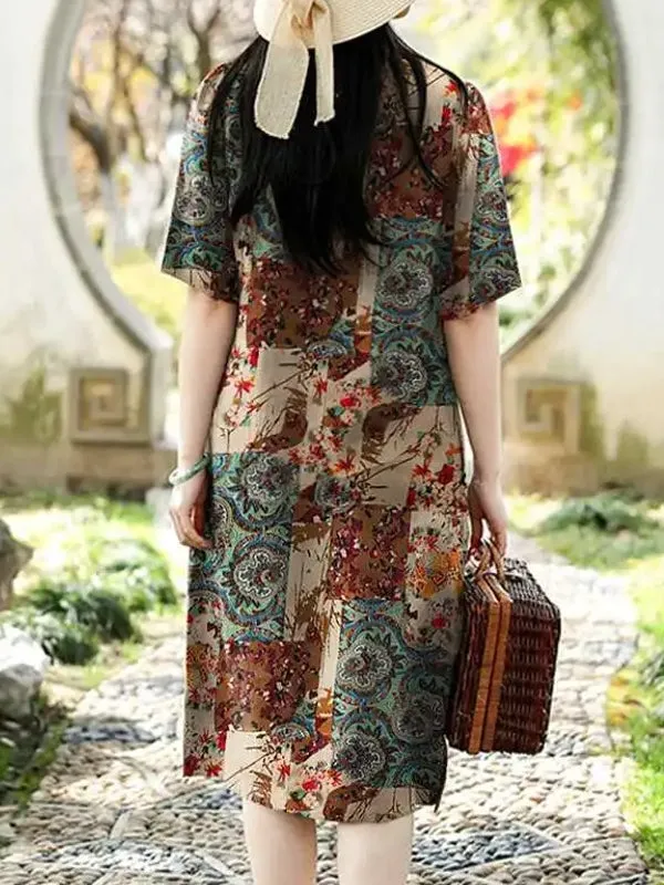 Cotton Women Pattern Printed Short Sleeve O-Neck Dresses