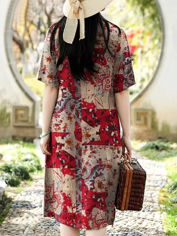 Cotton Women Pattern Printed Short Sleeve O-Neck Dresses