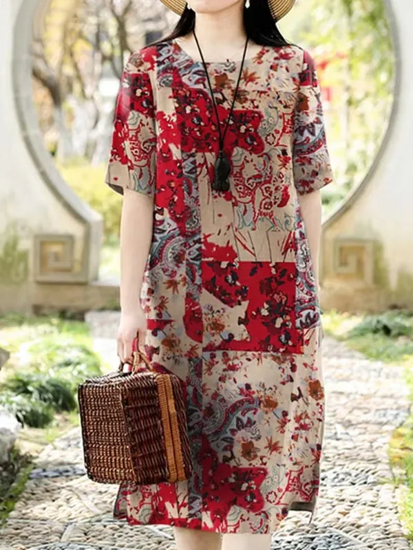 Cotton Women Pattern Printed Short Sleeve O-Neck Dresses