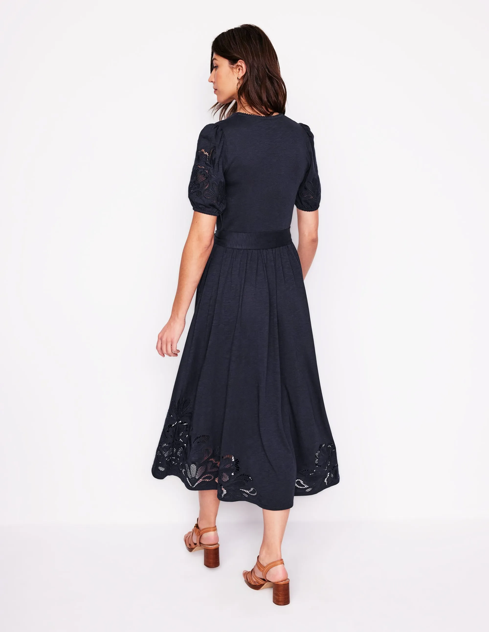 Cutwork Detail Midi Dress-Navy