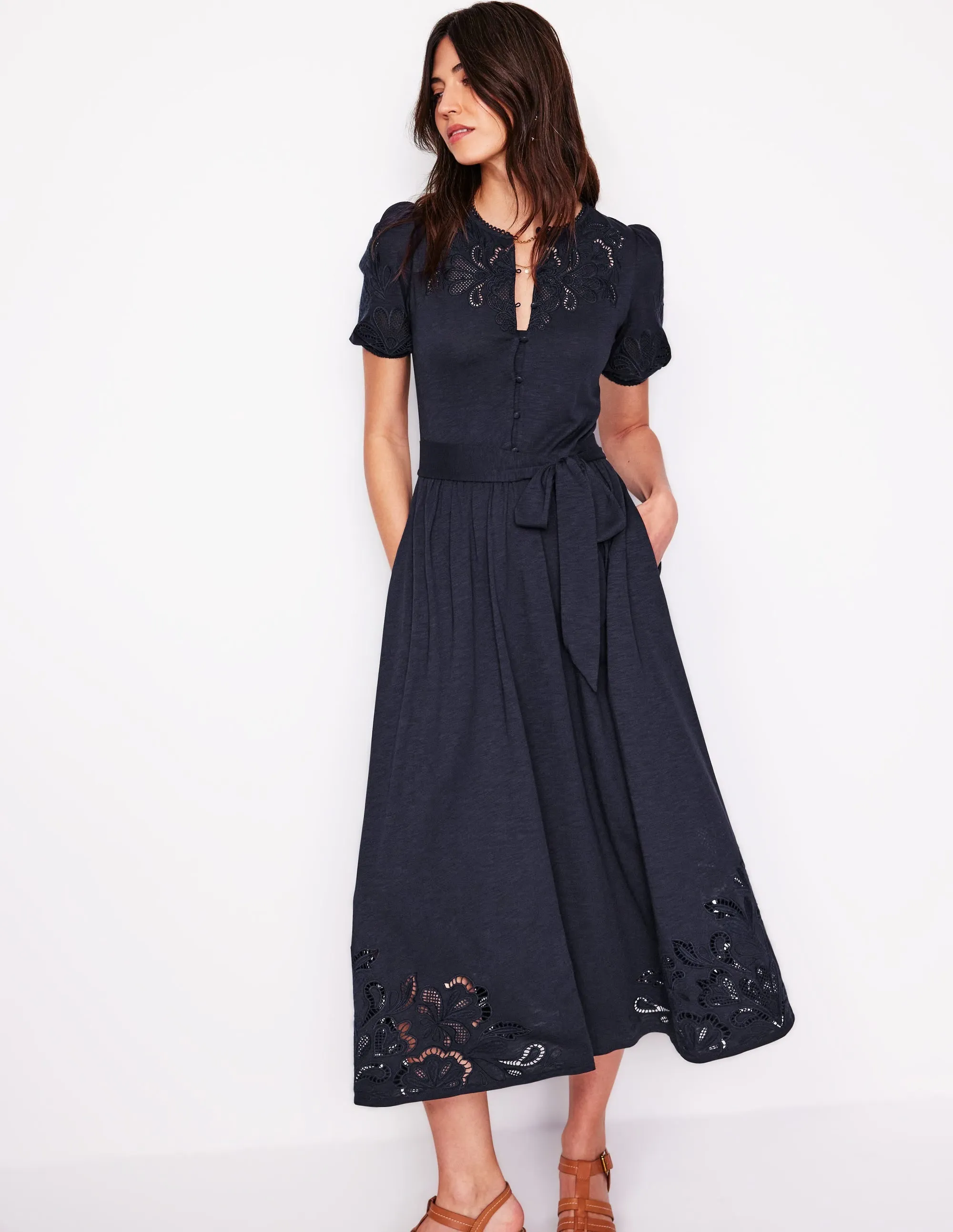 Cutwork Detail Midi Dress-Navy