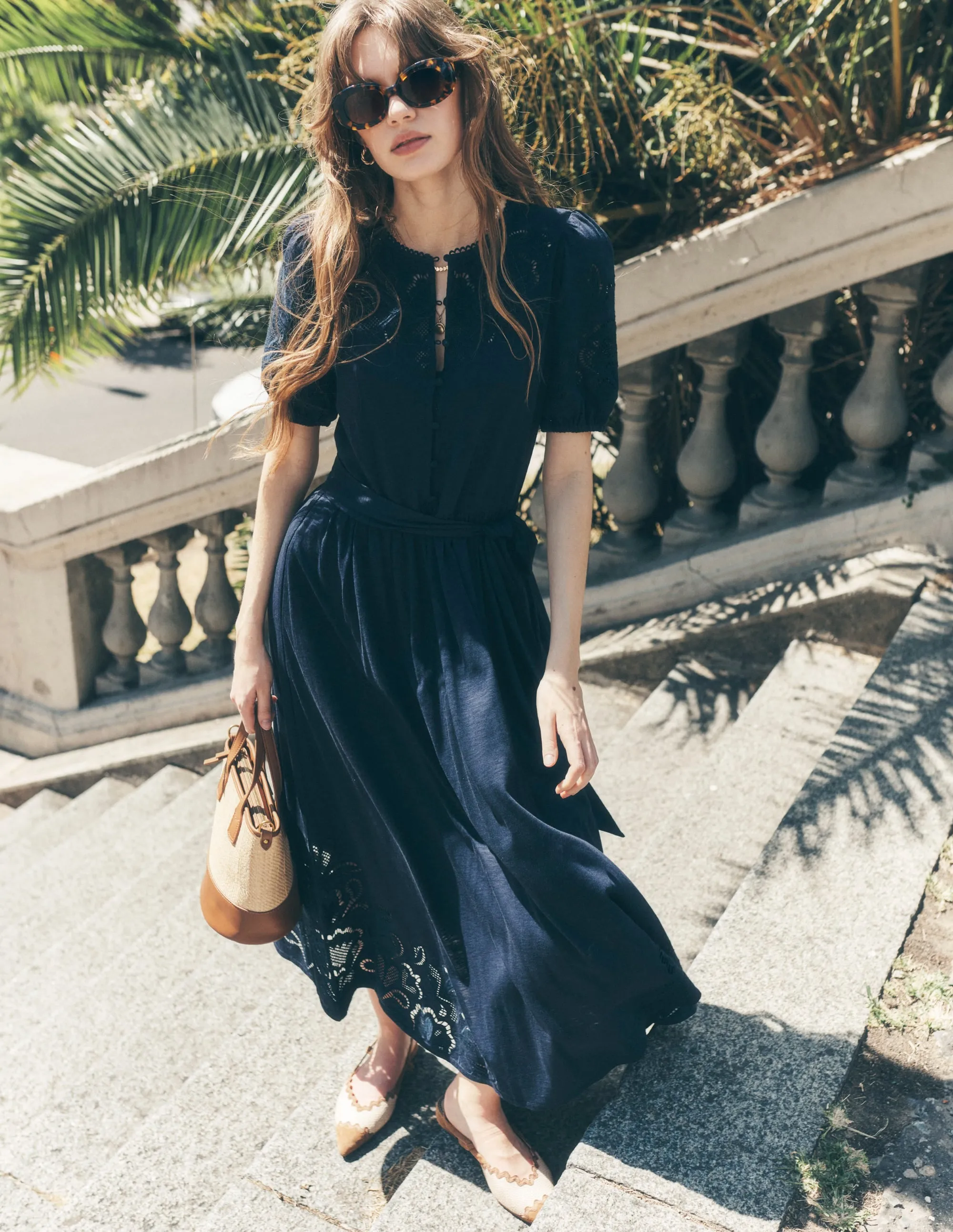 Cutwork Detail Midi Dress-Navy