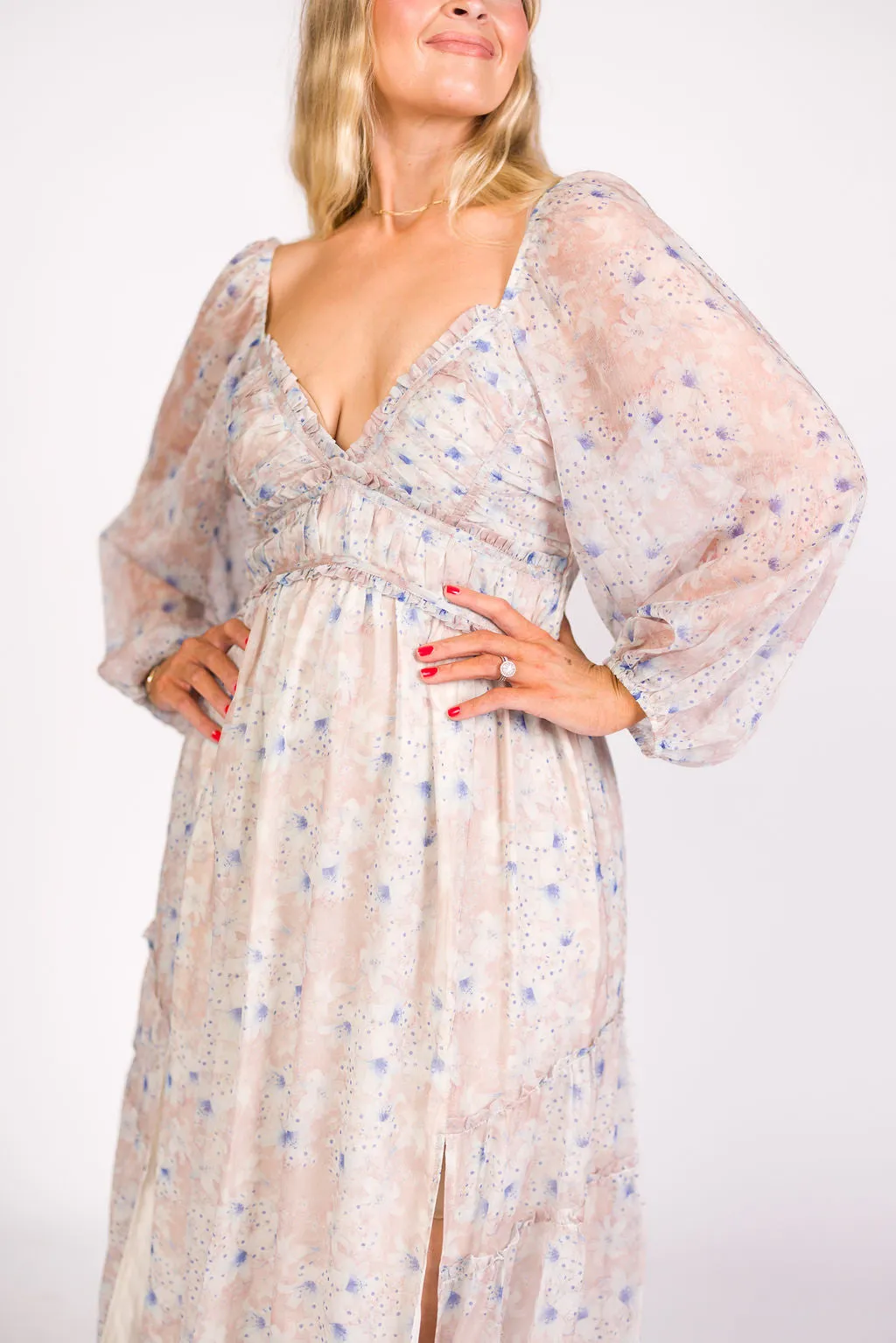 Daphne Long Sleeve Maxi Dress in Beige/Blue Floral - Bump Friendly & Inclusive Sizing (XS-3XL)