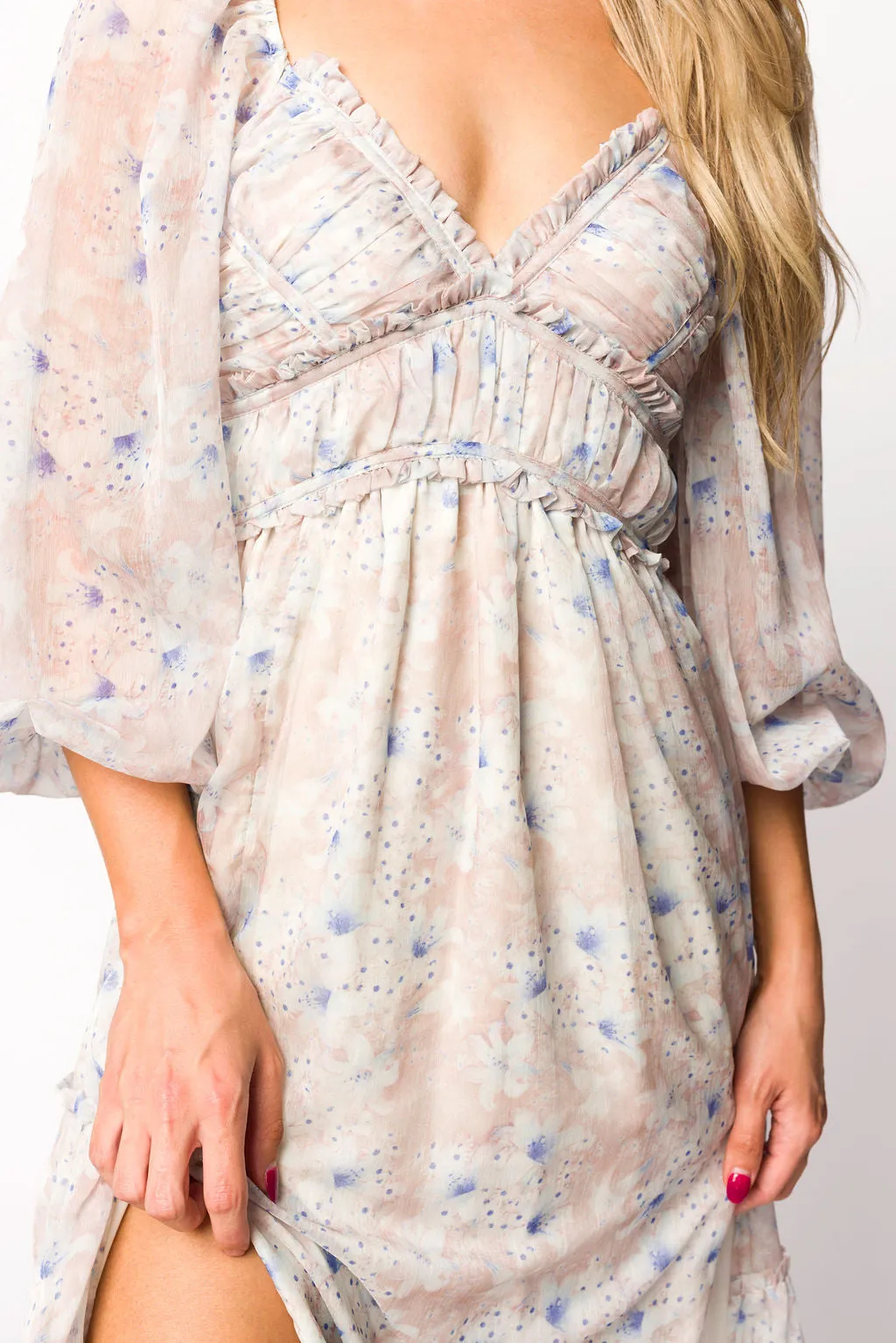 Daphne Long Sleeve Maxi Dress in Beige/Blue Floral - Bump Friendly & Inclusive Sizing (XS-3XL)