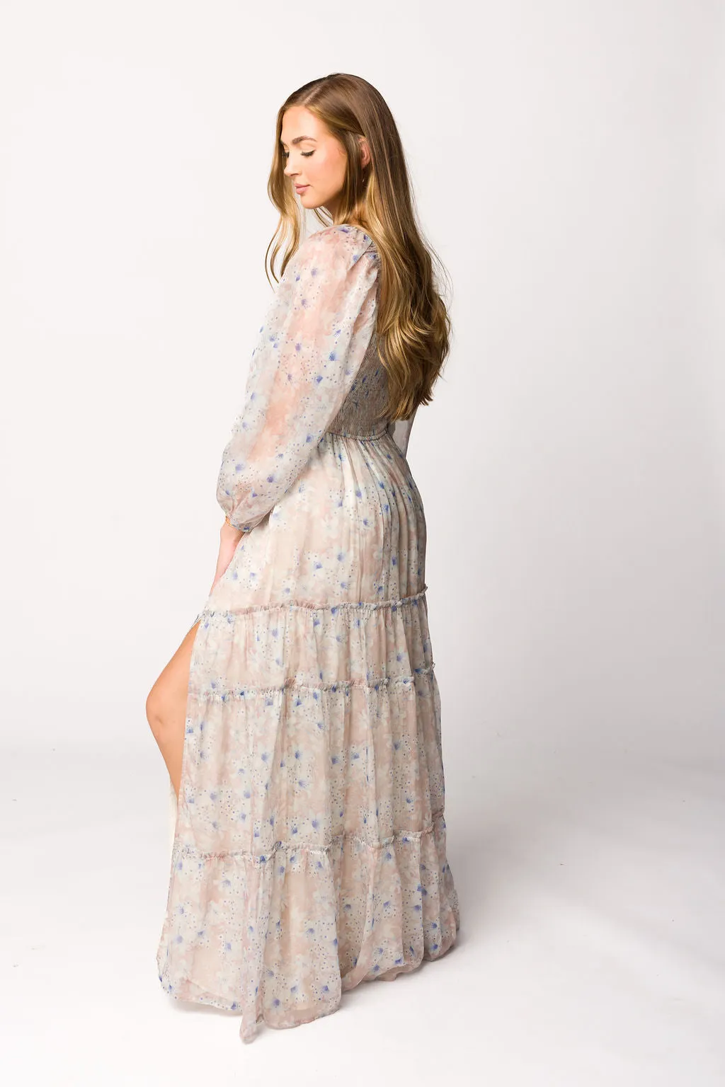 Daphne Long Sleeve Maxi Dress in Beige/Blue Floral - Bump Friendly & Inclusive Sizing (XS-3XL)