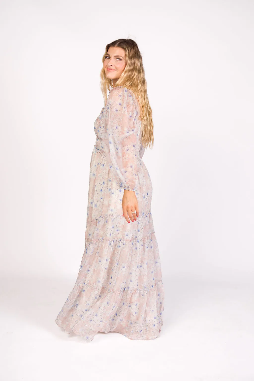 Daphne Long Sleeve Maxi Dress in Beige/Blue Floral - Bump Friendly & Inclusive Sizing (XS-3XL)