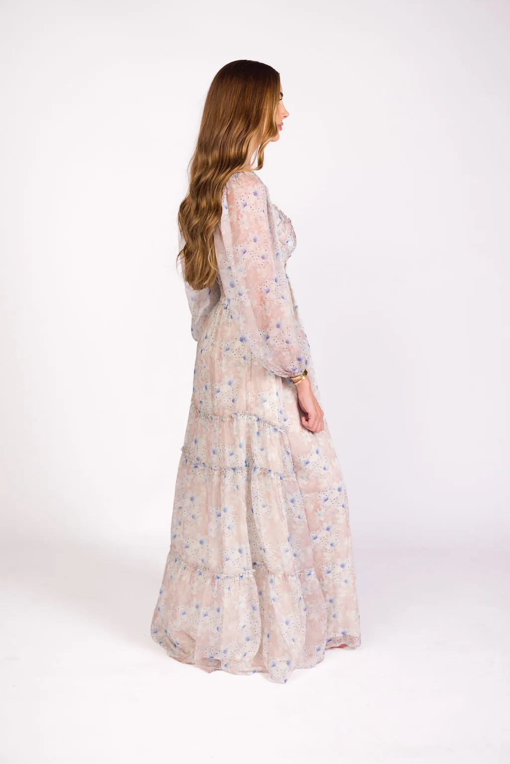 Daphne Long Sleeve Maxi Dress in Beige/Blue Floral - Bump Friendly & Inclusive Sizing (XS-3XL)