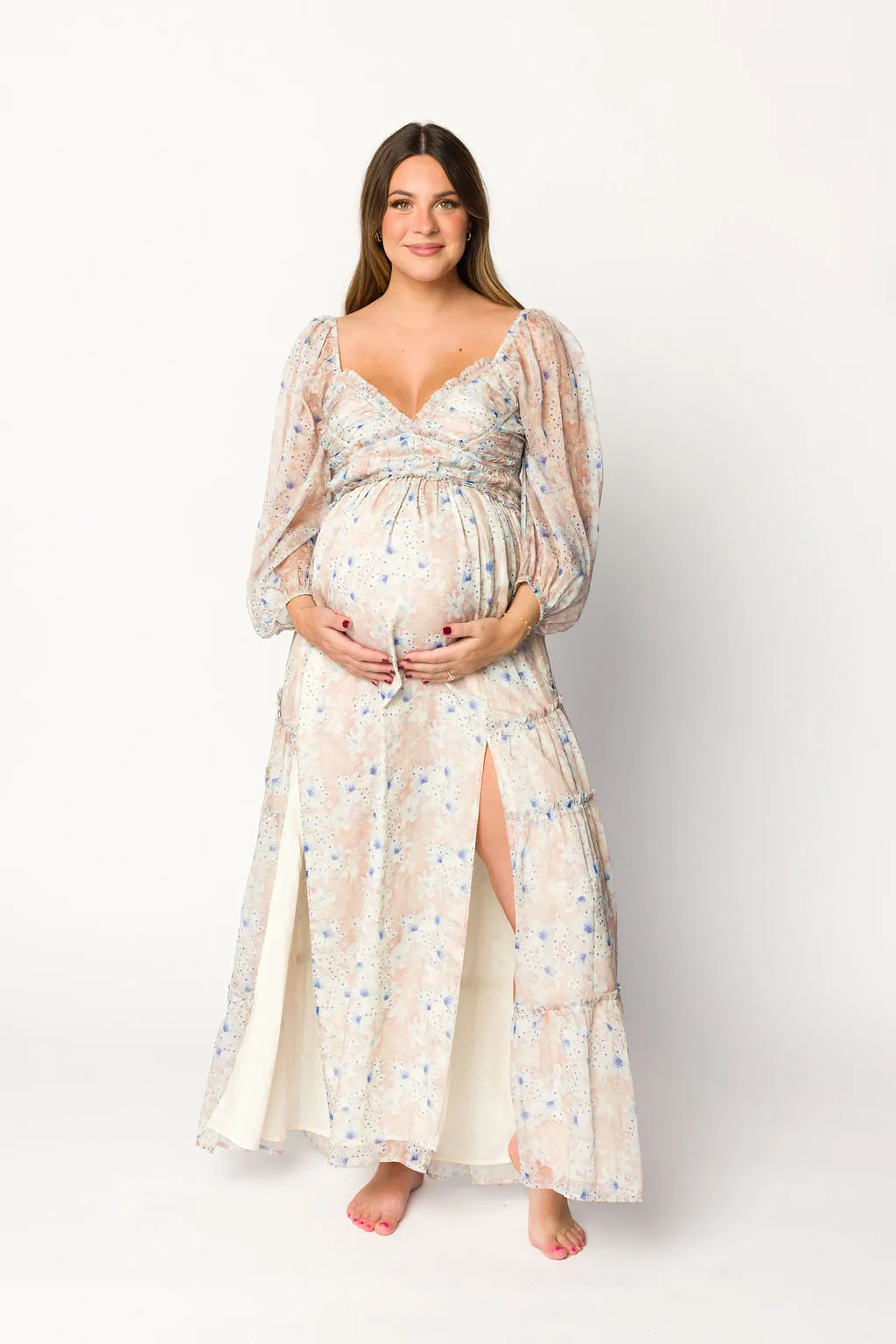 Daphne Long Sleeve Maxi Dress in Beige/Blue Floral - Bump Friendly & Inclusive Sizing (XS-3XL)