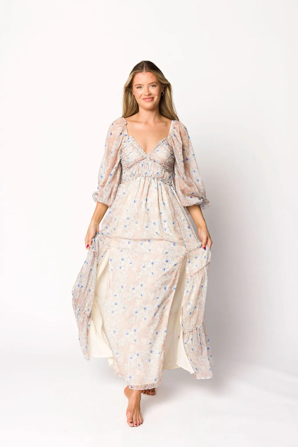 Daphne Long Sleeve Maxi Dress in Beige/Blue Floral - Bump Friendly & Inclusive Sizing (XS-3XL)
