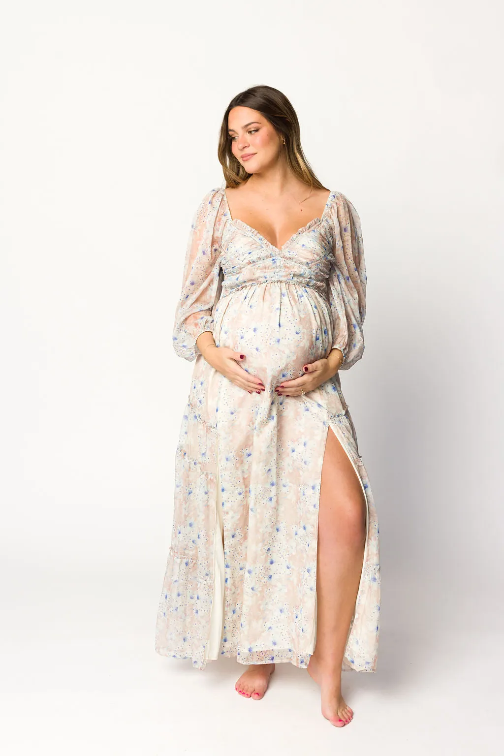 Daphne Long Sleeve Maxi Dress in Beige/Blue Floral - Bump Friendly & Inclusive Sizing (XS-3XL)