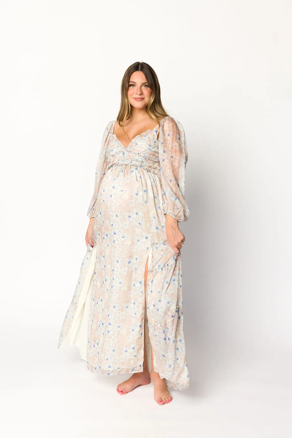 Daphne Long Sleeve Maxi Dress in Beige/Blue Floral - Bump Friendly & Inclusive Sizing (XS-3XL)