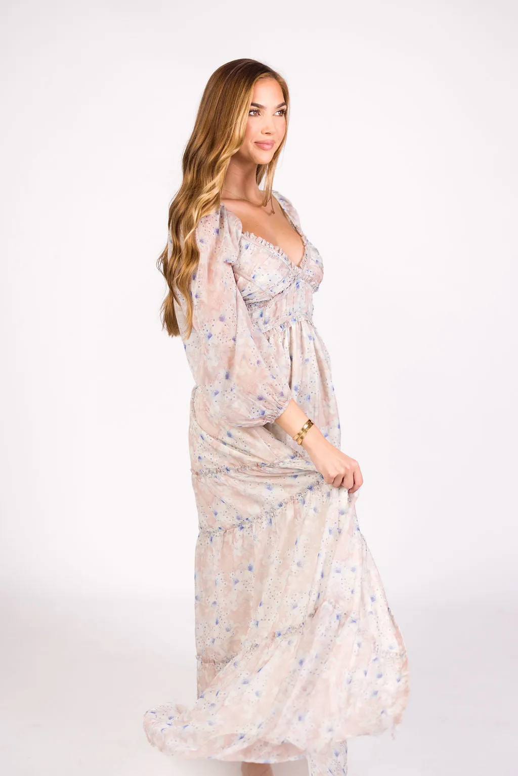 Daphne Long Sleeve Maxi Dress in Beige/Blue Floral - Bump Friendly & Inclusive Sizing (XS-3XL)