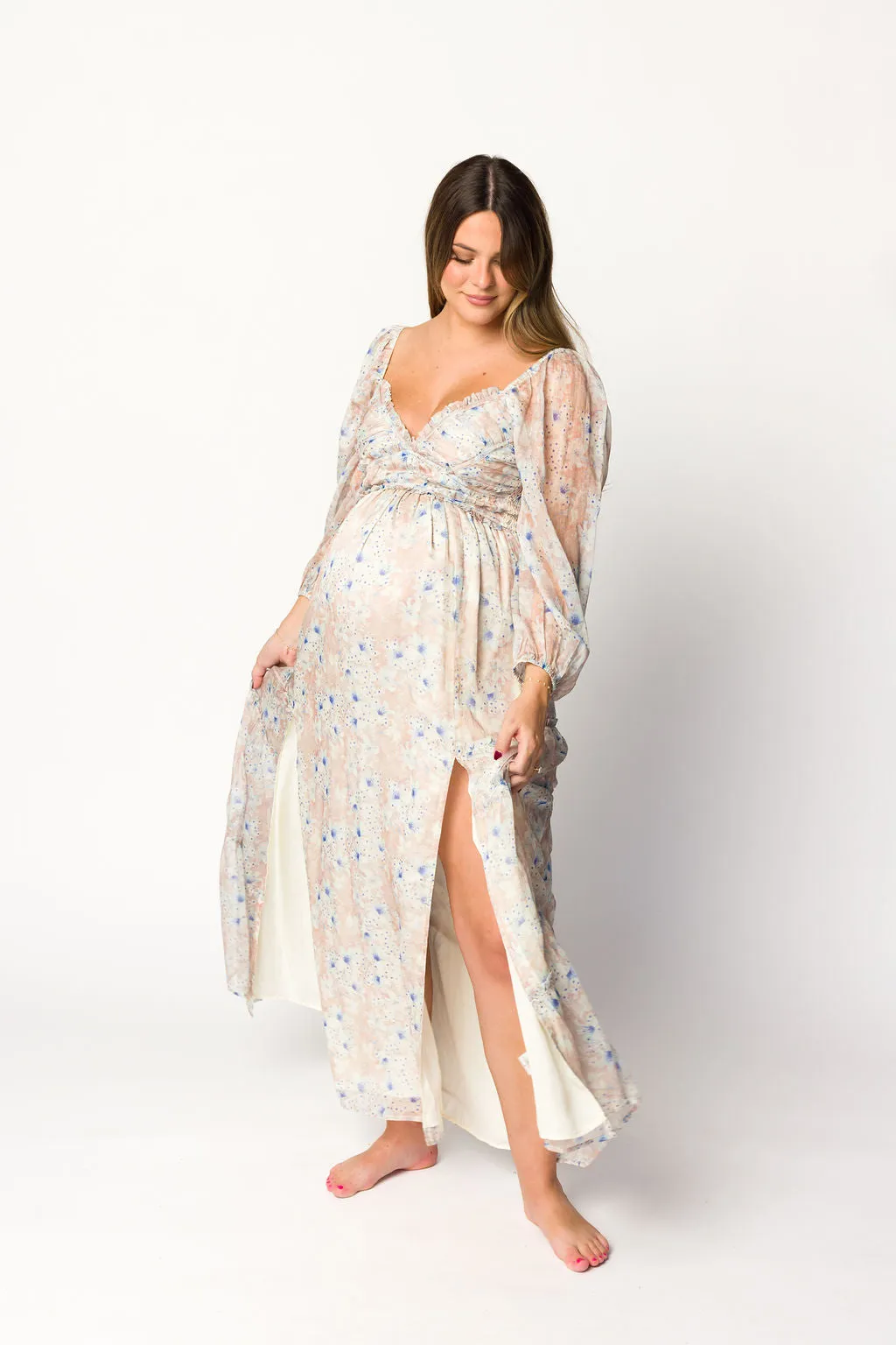 Daphne Long Sleeve Maxi Dress in Beige/Blue Floral - Bump Friendly & Inclusive Sizing (XS-3XL)