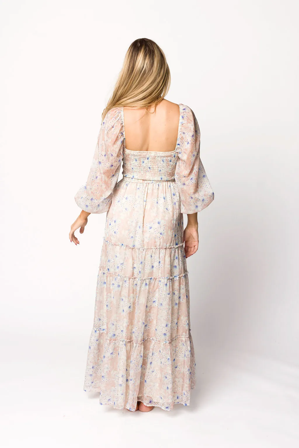 Daphne Long Sleeve Maxi Dress in Beige/Blue Floral - Bump Friendly & Inclusive Sizing (XS-3XL)