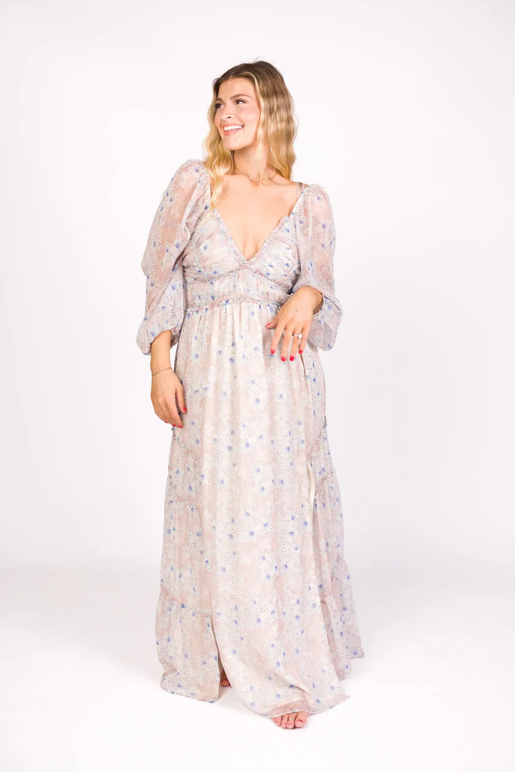 Daphne Long Sleeve Maxi Dress in Beige/Blue Floral - Bump Friendly & Inclusive Sizing (XS-3XL)