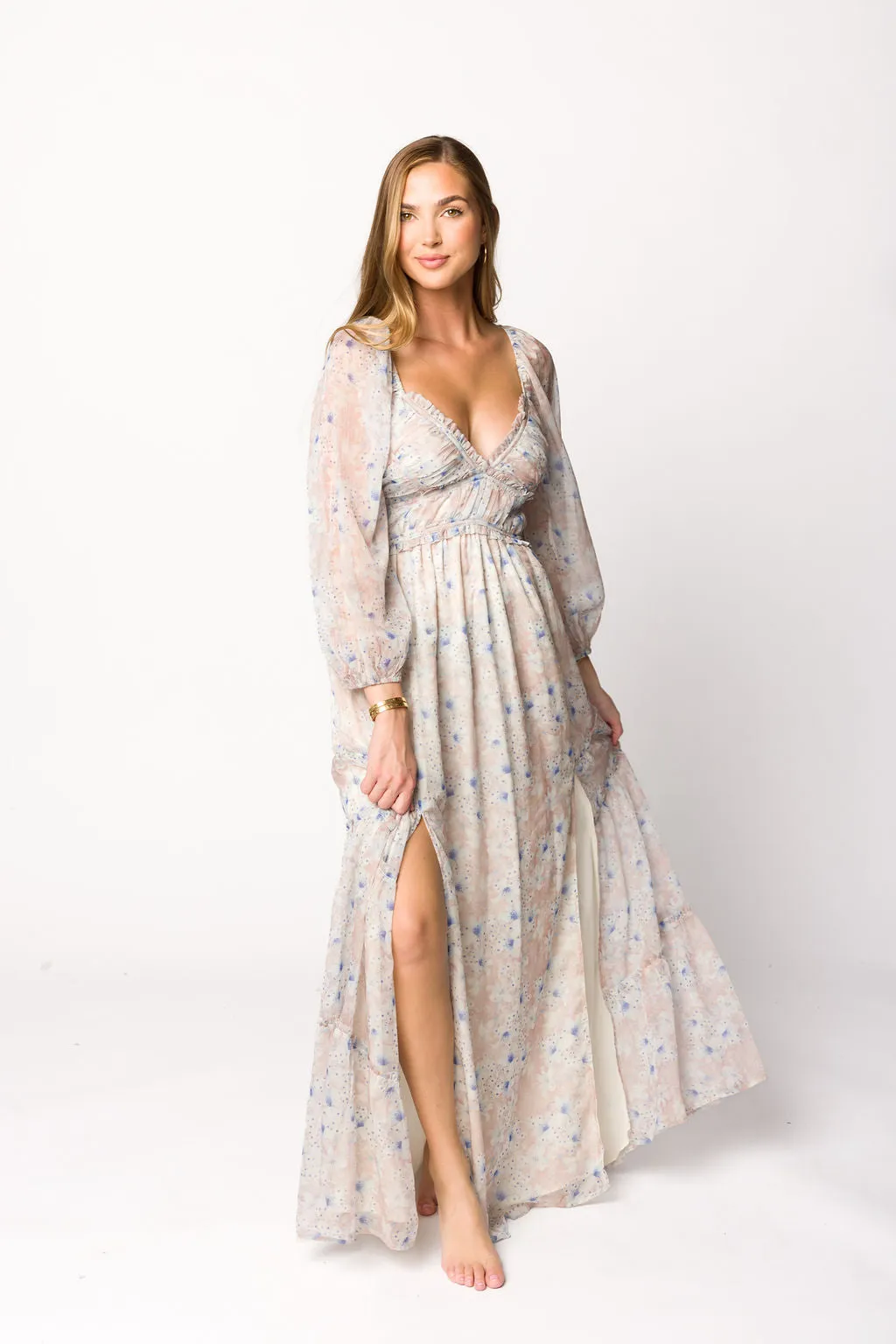 Daphne Long Sleeve Maxi Dress in Beige/Blue Floral - Bump Friendly & Inclusive Sizing (XS-3XL)