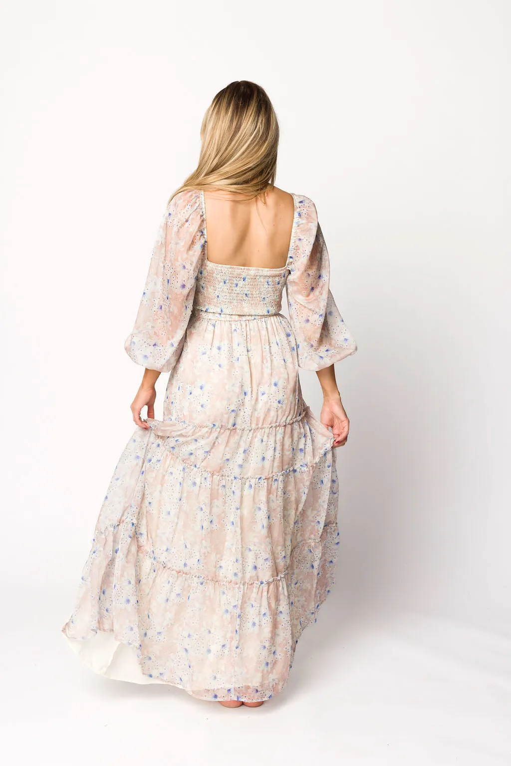 Daphne Long Sleeve Maxi Dress in Beige/Blue Floral - Bump Friendly & Inclusive Sizing (XS-3XL)