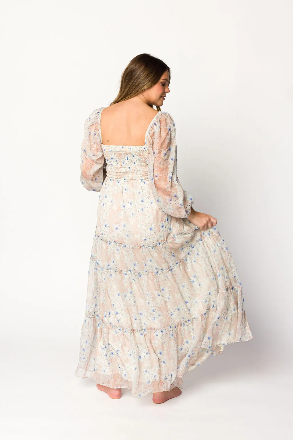 Daphne Long Sleeve Maxi Dress in Beige/Blue Floral - Bump Friendly & Inclusive Sizing (XS-3XL)