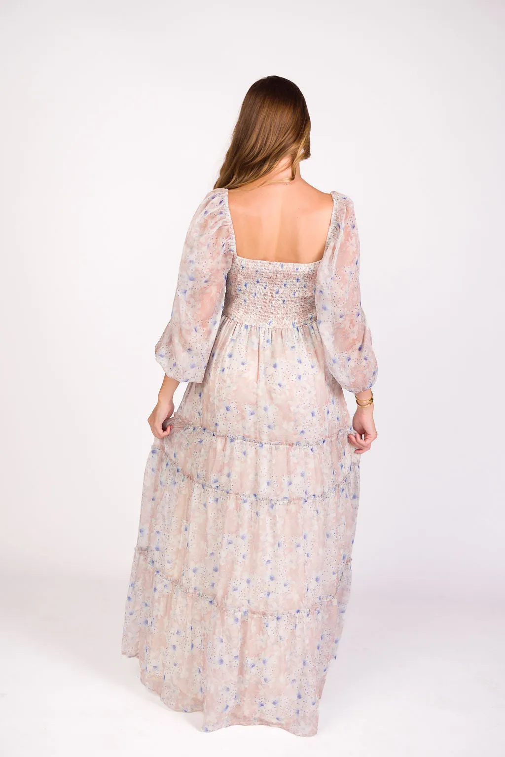 Daphne Long Sleeve Maxi Dress in Beige/Blue Floral - Bump Friendly & Inclusive Sizing (XS-3XL)