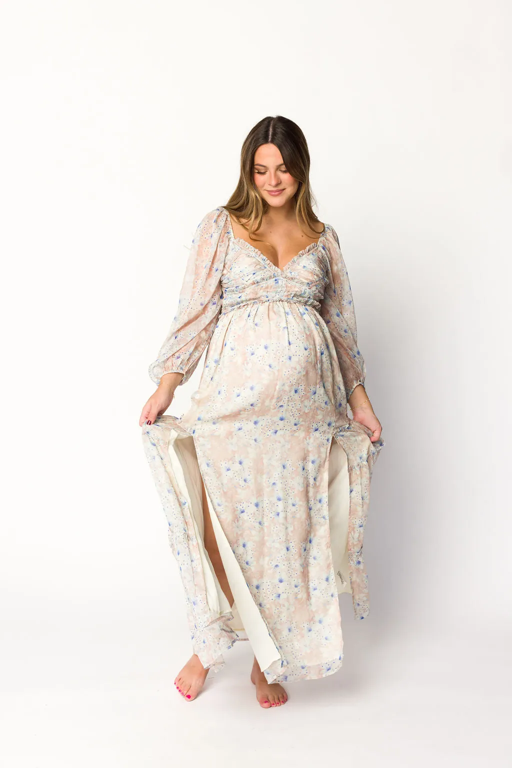 Daphne Long Sleeve Maxi Dress in Beige/Blue Floral - Bump Friendly & Inclusive Sizing (XS-3XL)