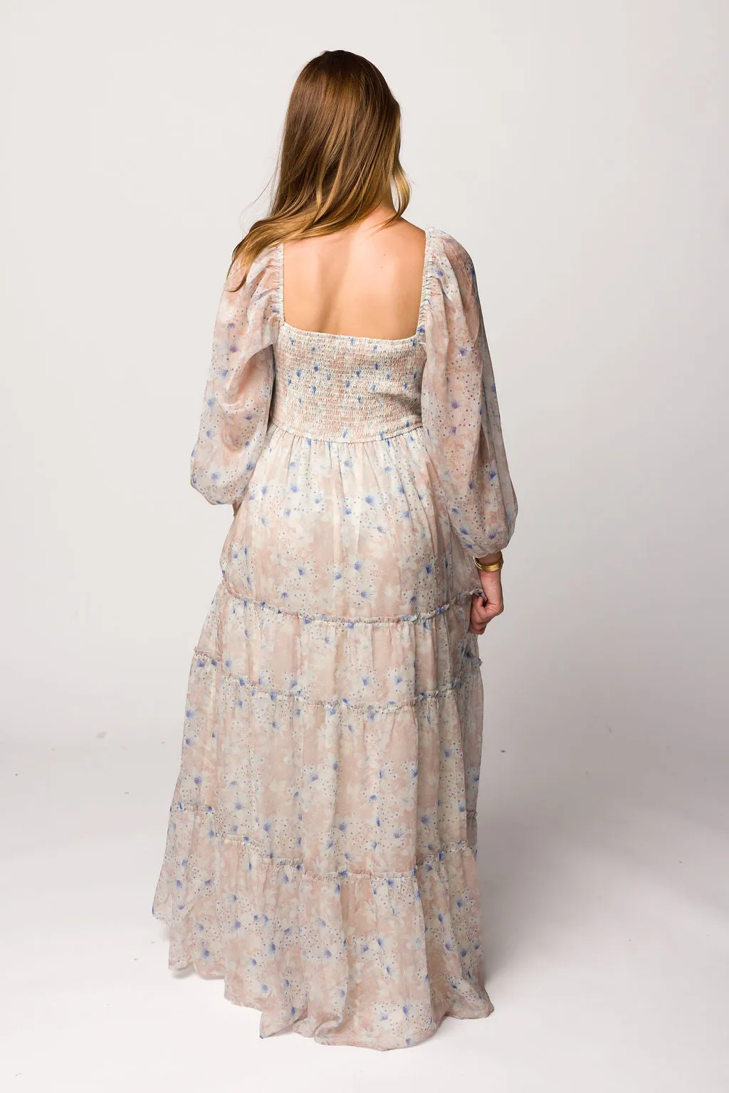 Daphne Long Sleeve Maxi Dress in Beige/Blue Floral - Bump Friendly & Inclusive Sizing (XS-3XL)