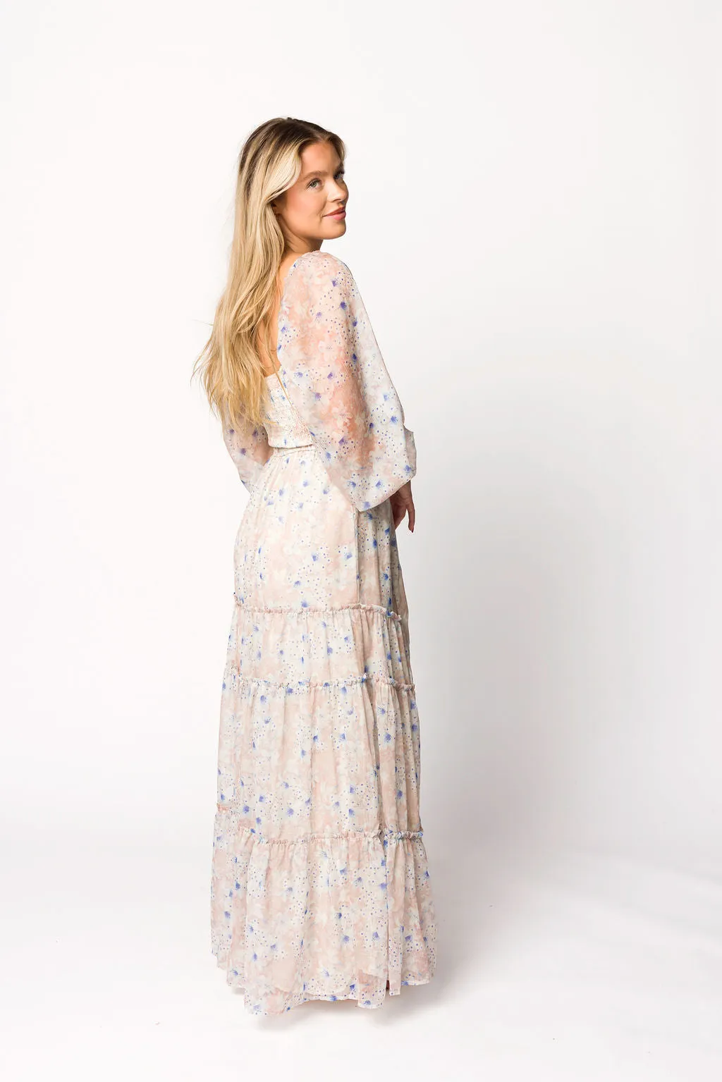 Daphne Long Sleeve Maxi Dress in Beige/Blue Floral - Bump Friendly & Inclusive Sizing (XS-3XL)