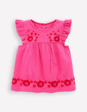 Double Cloth Frill Sleeve Top-Sorbet Pink Embroidered