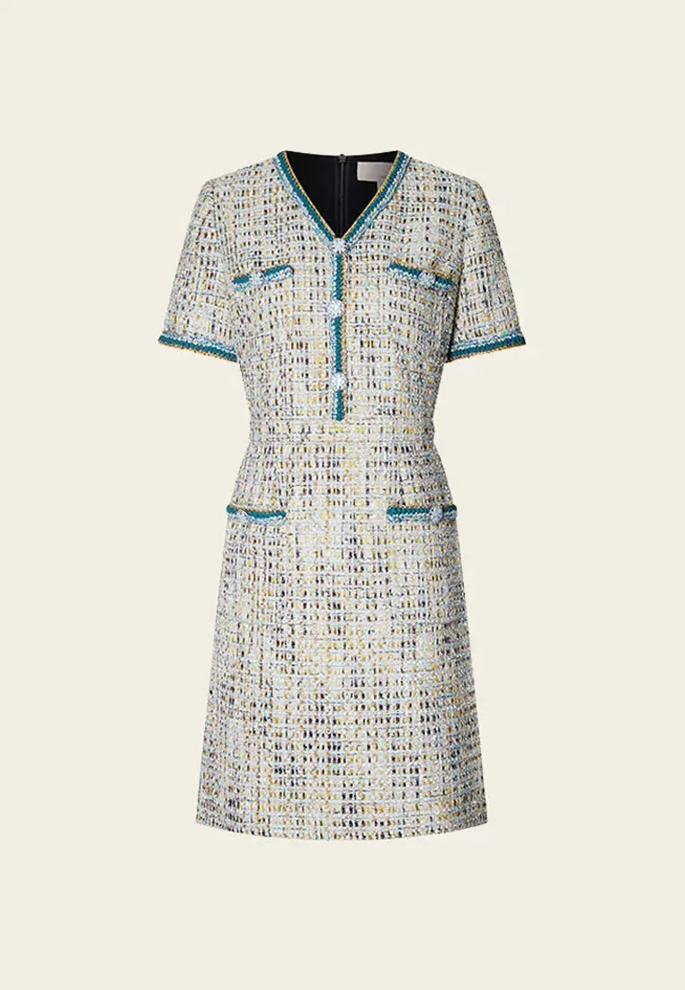 Earth Tone Blue And Gold Detailing Tweed Dress