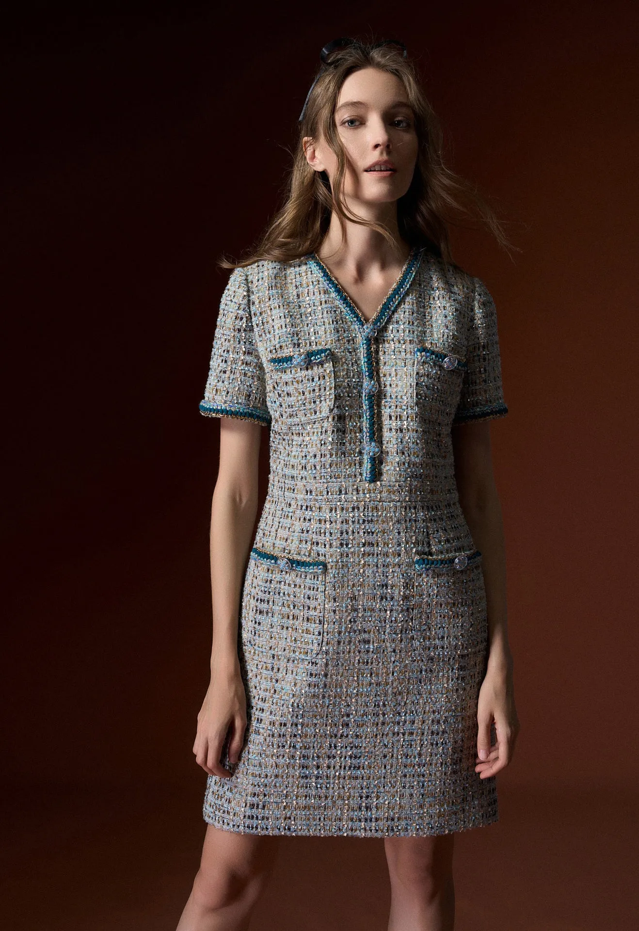 Earth Tone Blue And Gold Detailing Tweed Dress
