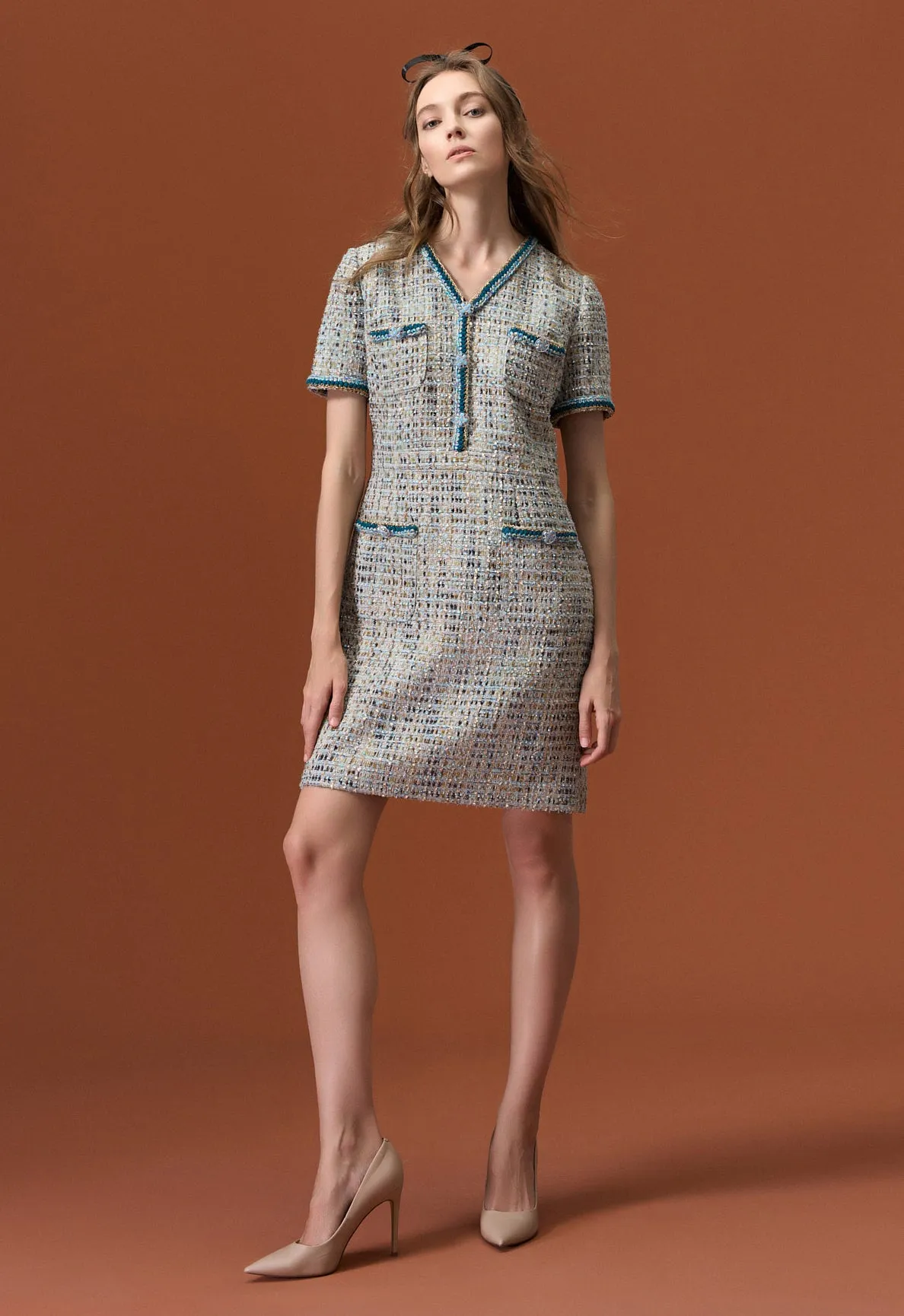 Earth Tone Blue And Gold Detailing Tweed Dress