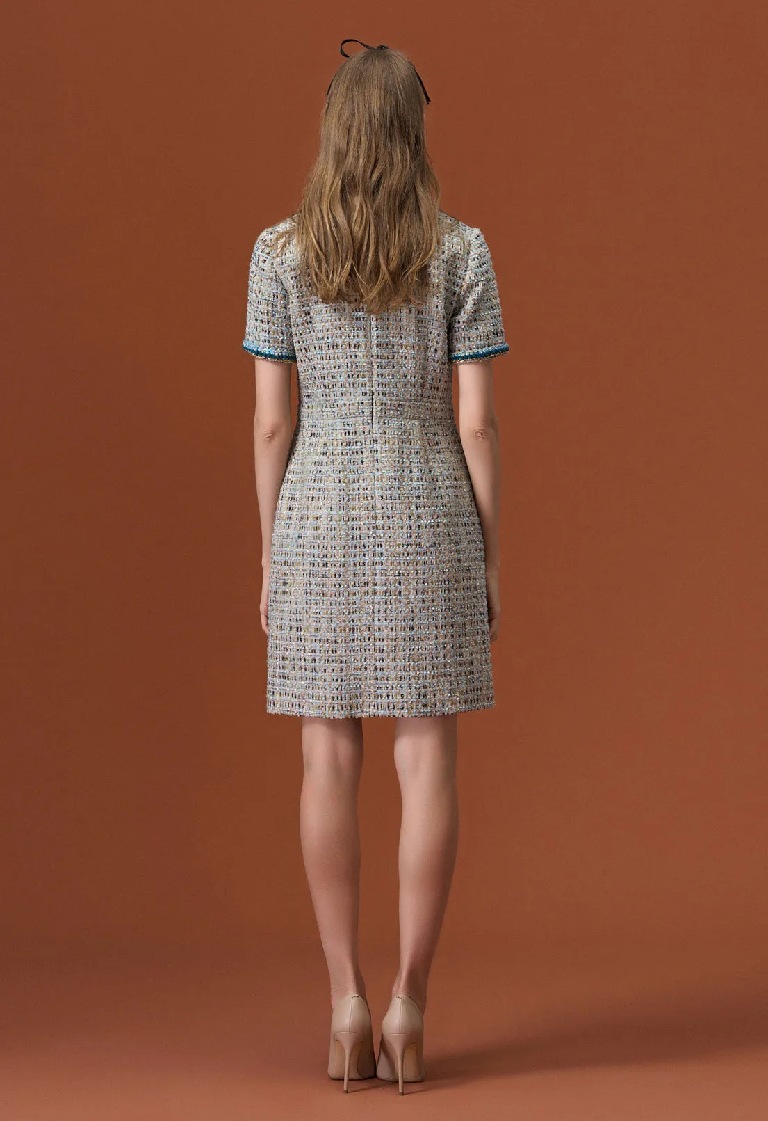 Earth Tone Blue And Gold Detailing Tweed Dress