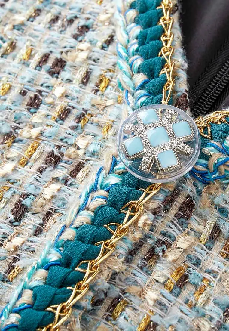 Earth Tone Blue And Gold Detailing Tweed Dress