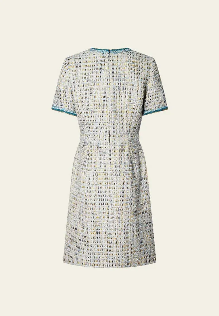 Earth Tone Blue And Gold Detailing Tweed Dress