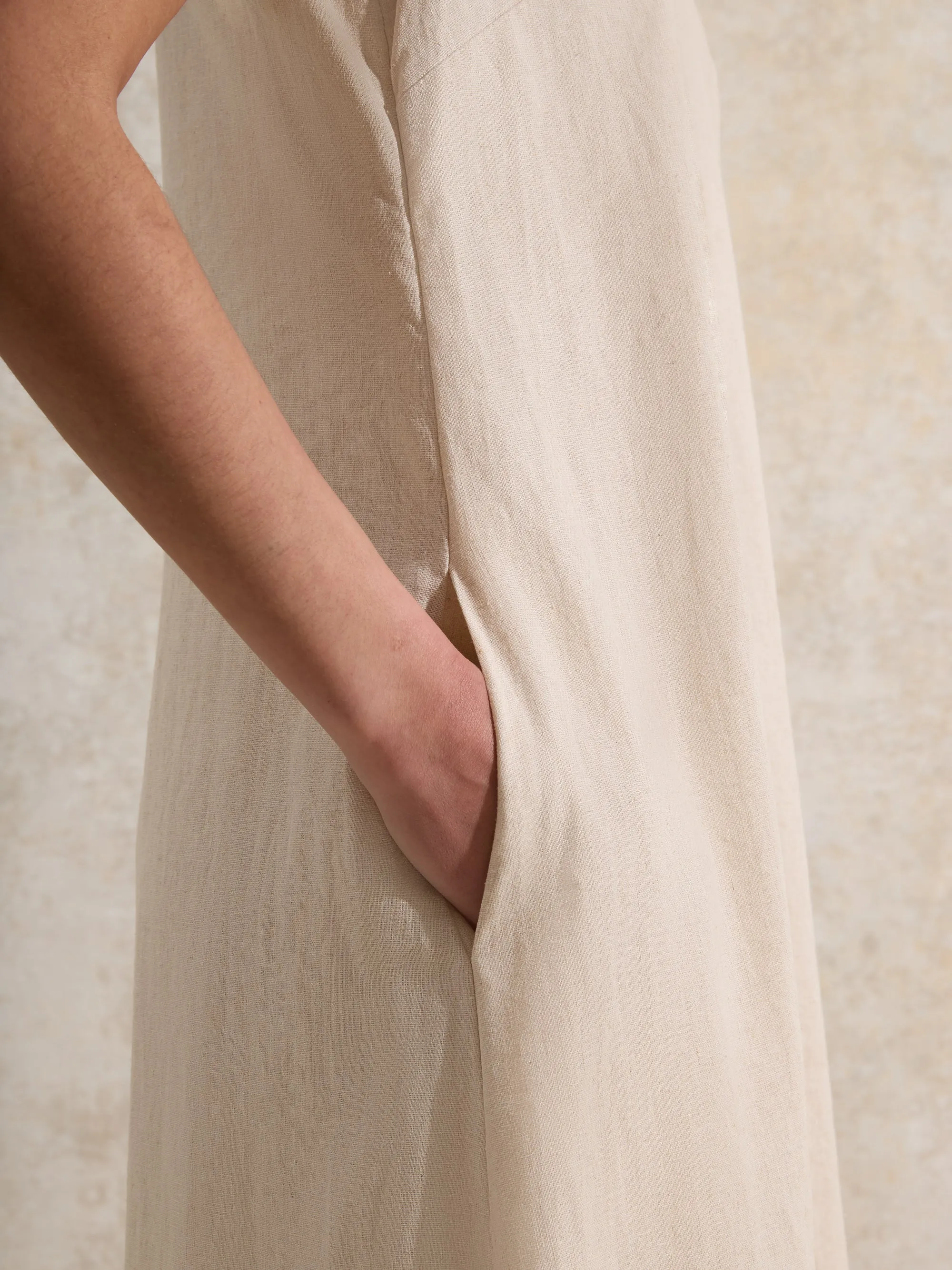 Ecru Piped-Detail Linen-Blend Maxi Dress