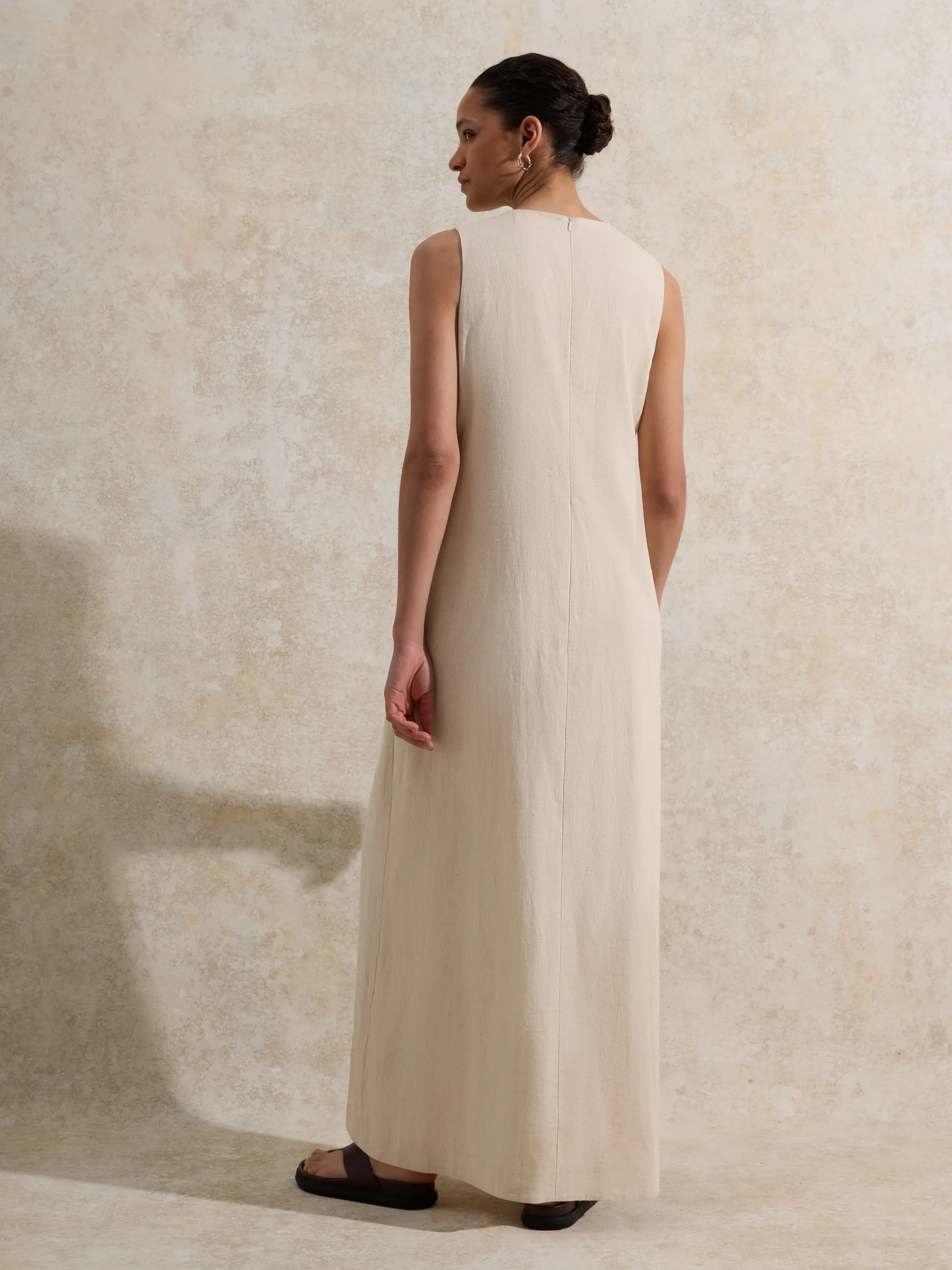 Ecru Piped-Detail Linen-Blend Maxi Dress