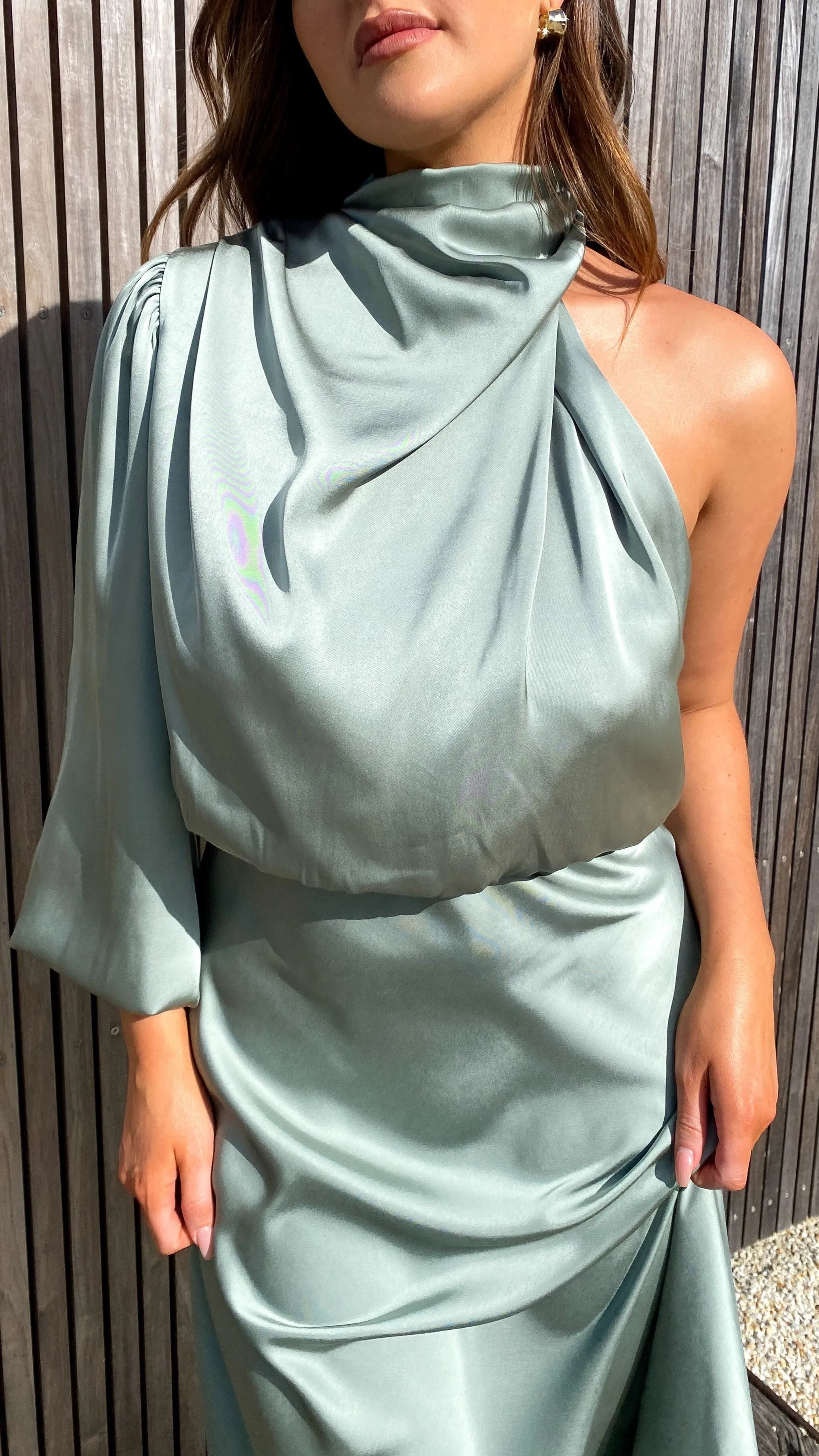 Esther One Shoulder Long Sleeve Dress - Green