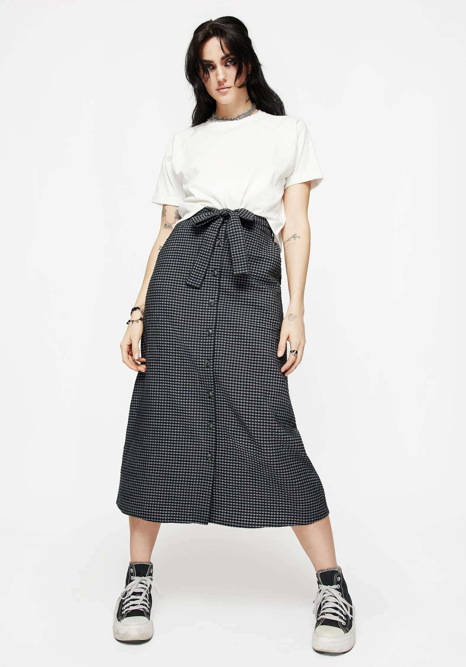Faythe Cotton Check Button Up Midi Skirt