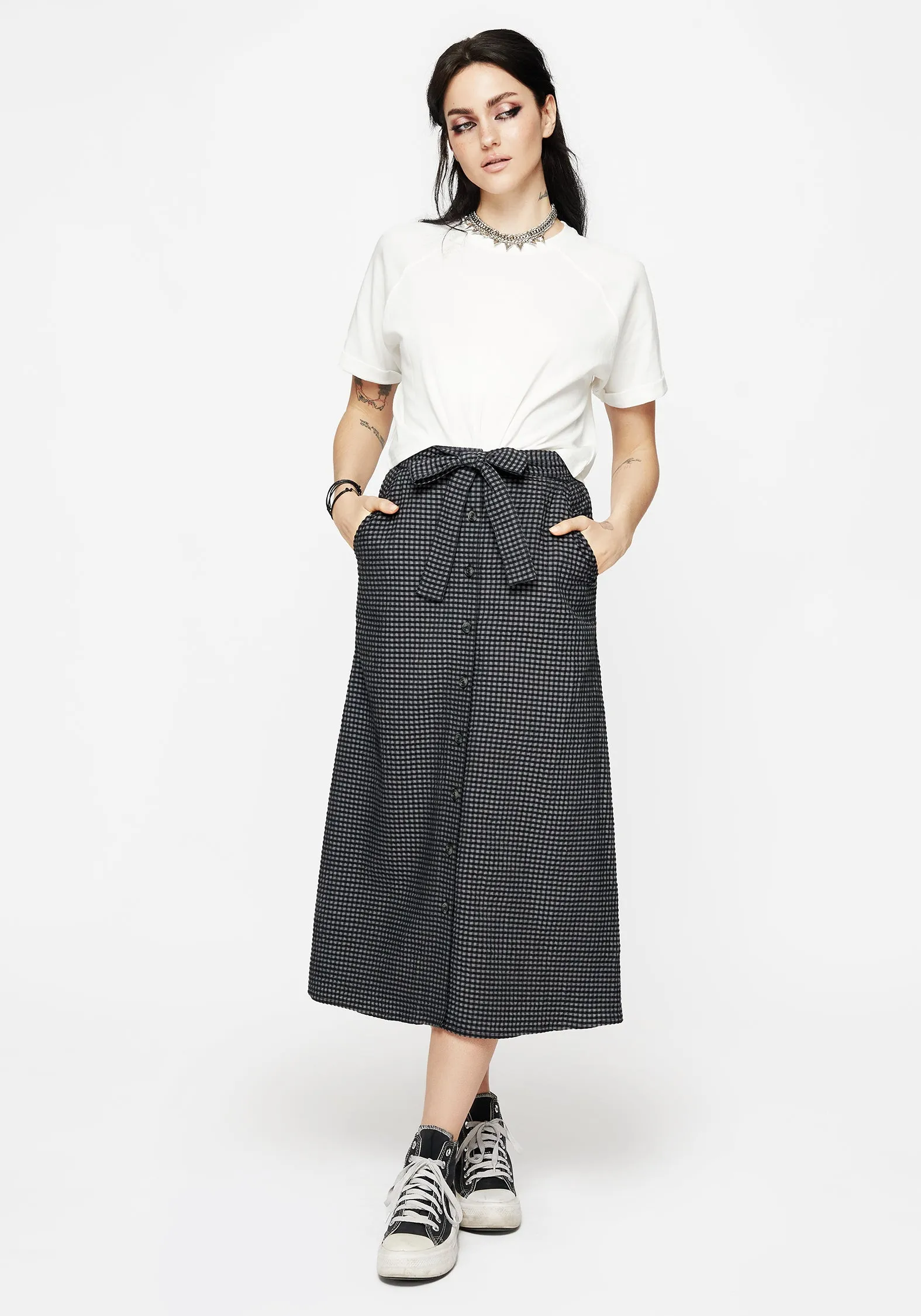 Faythe Cotton Check Button Up Midi Skirt
