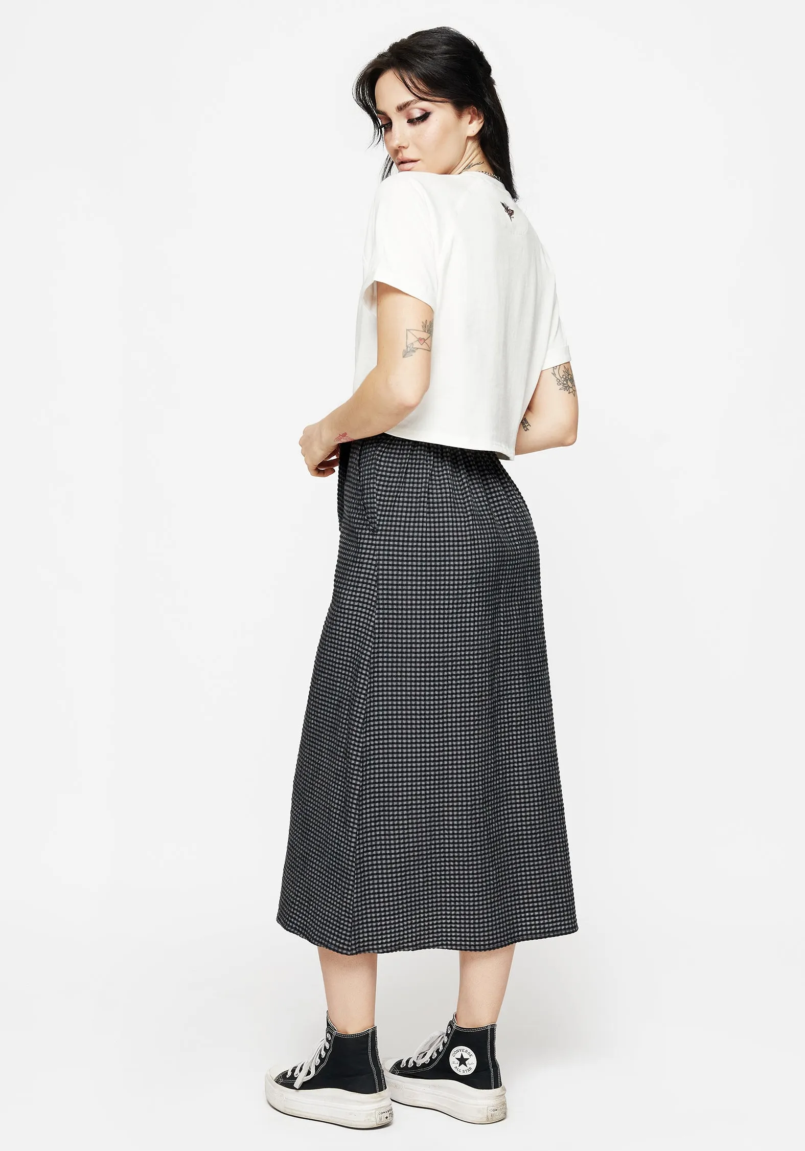 Faythe Cotton Check Button Up Midi Skirt