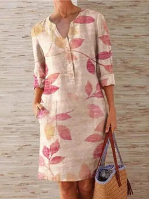 Floral Print Notched Neckline Half Sleeve Casual Women Midi Dress