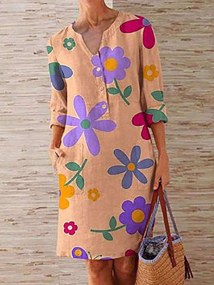 Floral Print Notched Neckline Half Sleeve Casual Women Midi Dress